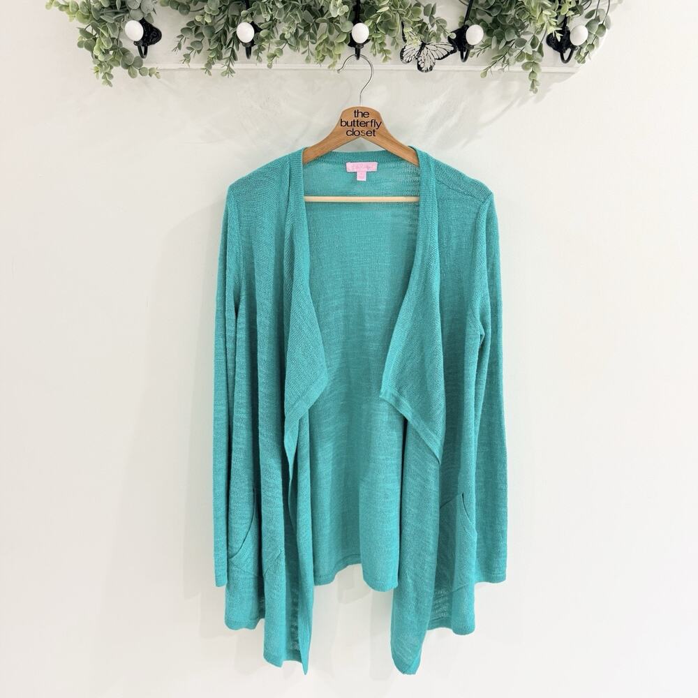 Lilly Pulitzer Chesapeake Cardigan Teal Long Sleeves Pockets Size Large LL5063